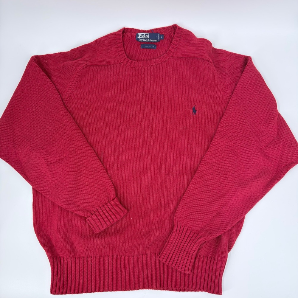 Polo Ralph Lauren Sweater 90s Vintage Mens Large Red Cotton Knit Pullover